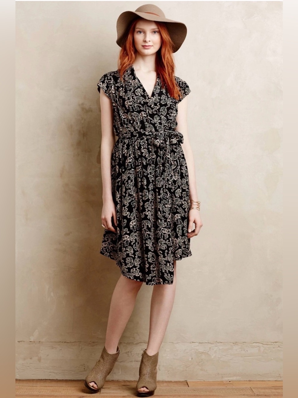 Maeve Anthropologie Noronha Black Elephant Print Flowy Faux Wrap Dress Small